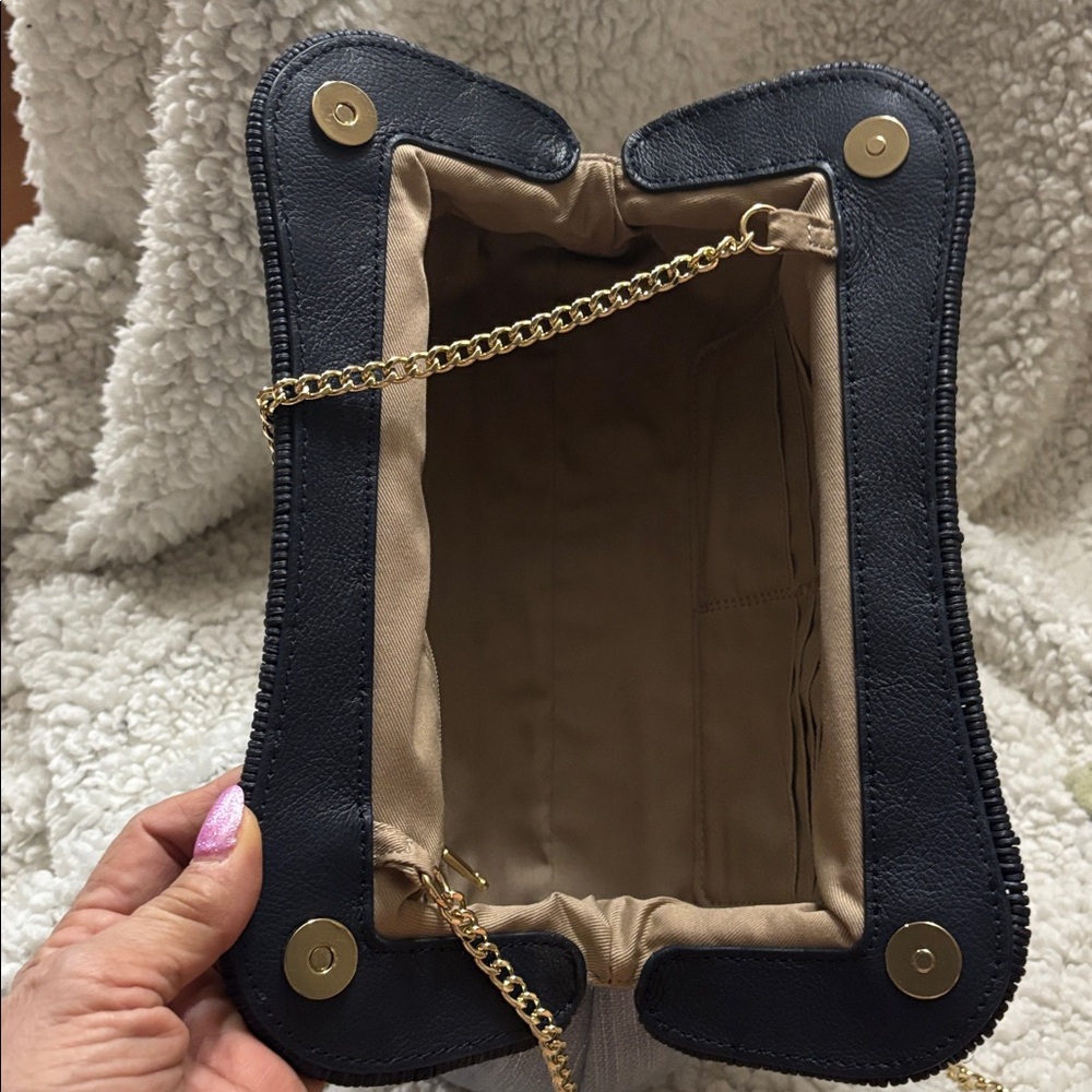Chic Talbots Navy blue Wicker Lt. blue silver sparkle shoulder/crossbody purse - Picture 10 of 16